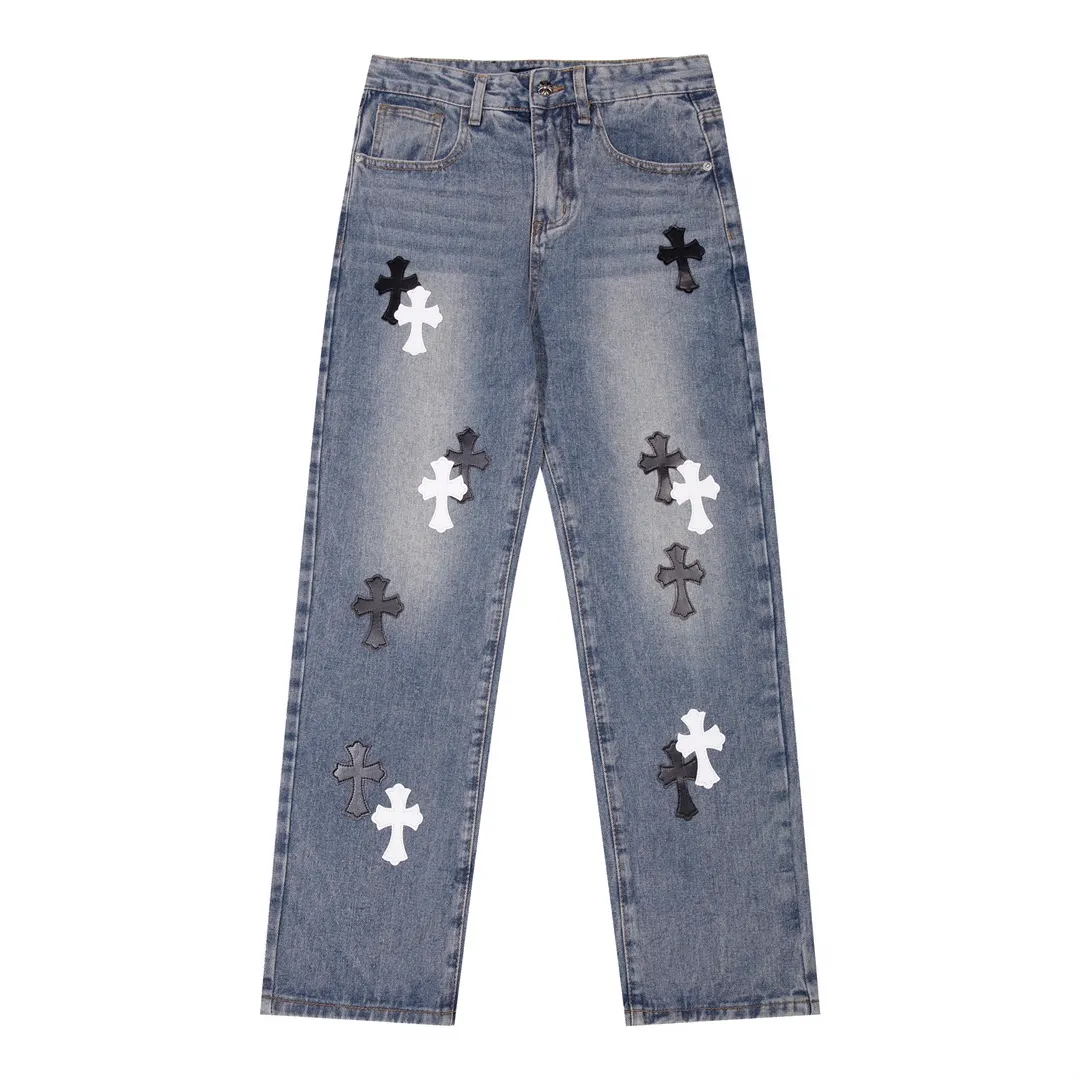 P250 style number: H432 Chrome Hearts CH Chrome Hearts heavy industry damaged ripped high street jeans exude uninhibited personality and unique charm. Every wear and tear is carefully designed to present a unique artistic feel. Made of imported denim fabric, which has undergone heavy industrial washing and destruction treatment, the trousers show a super cool effect on the upper body, allowing you to dominate the fashion stage.  This is more than just a pair of jeans, it is an expression of attitude. With its unique design concept and ultimate pursuit of details, Croxin breaks traditional boundaries and defines the jeans trend in the new era. The trousers are made of double-layer woven fabric and matched with customized hardware, showing an incomparably beautiful and unique style, making every wearer the focus of fashion. Imported denim fabric, super heavy-duty washed and damaged, the upper body is super cool! Customized hardware, incomparably good-looking model. The production process is difficult. It has a high-street feel. Color: blue Size: S M L XL XXL